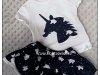 Traje niña falda + camiseta unicornios azul marino
